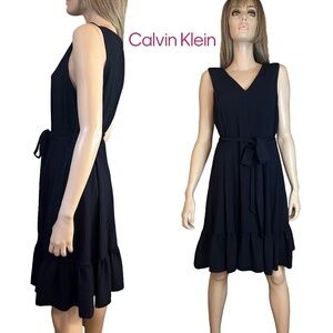 Calvin Klein Tiered Dress Fit and Flare Sleeveless Belted Pockets Navy Blue